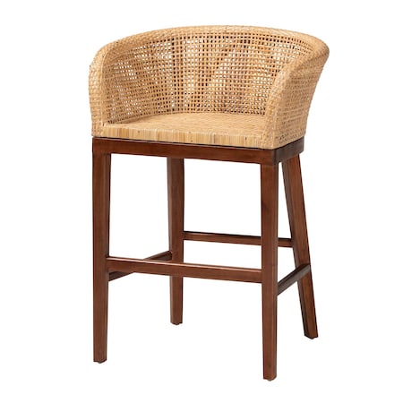 Bali & Pari Papua Modern Bohemian Natural Rattan and Walnut Brown Acacia Wood Counter Stool 242-13492-ZORO